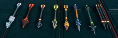 All of the Nishanka Boltshark X-80 Bolts. From left to right: Cryo, Fire, Default, Bodkin Point, Pheromone Dart, Taser, Chemical Explosion, and Trifork Volley.